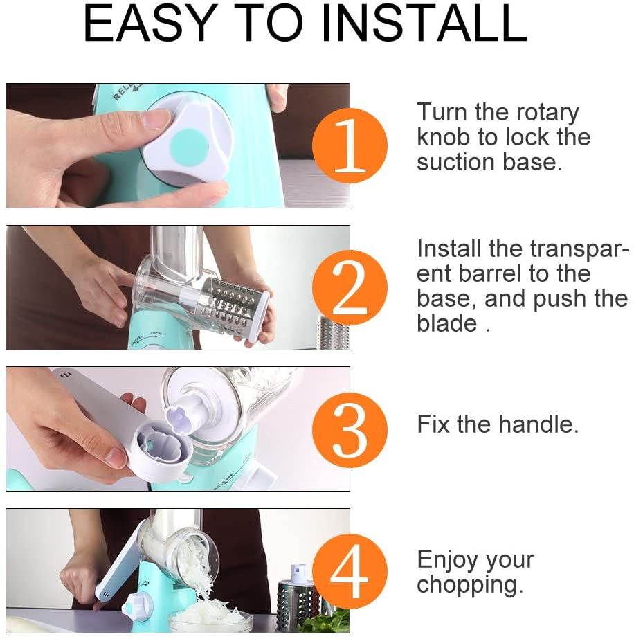 Rotary Cheese Grater Shredder, Speed Kitchen Manual round Mandolin Slicer Grinder for Potato Hash Brown, Vegetable, Walnut, Nut, Carrot Garlic, Chocolate, Radish with 3 Drum Blades, Blue