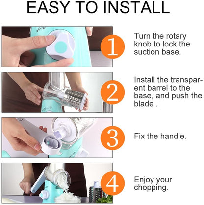 Rotary Cheese Grater Shredder, Speed Kitchen Manual round Mandolin Slicer Grinder for Potato Hash Brown, Vegetable, Walnut, Nut, Carrot Garlic, Chocolate, Radish with 3 Drum Blades, Blue