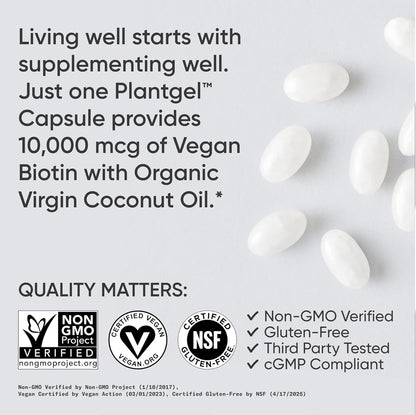 Biotin (10,000Mcg) with Organic Coconut Oil | Supports Healthy Hair, Skin & Nails | Non-Gmo Verified & Vegan Certified (120 Veggie-Softgels)
