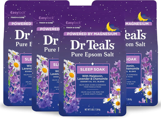 Pure Epsom Magnesium Salt Soak, Sleep Blend with Melatonin, Lavender & Essential Oils, 3 Lb (Pack of 4)