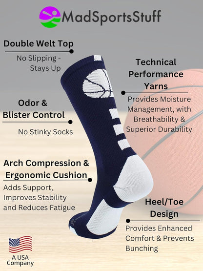 Basketball Socks for Boys, Girls, Men, Women- Athletic Crew Socks - Youth and Adult Sizes -Made in the USA