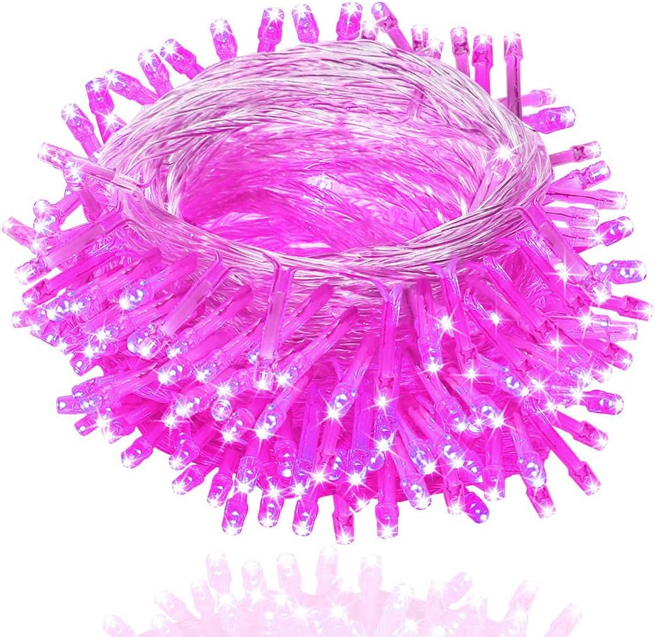 Christmas String Lights,  33Ft 100 Leds with Controller Fairy Twinkle Lights Decoration for Chirstmas Tree,Garden,Multi Stings Connectable(Transparent Wire)(Pink)