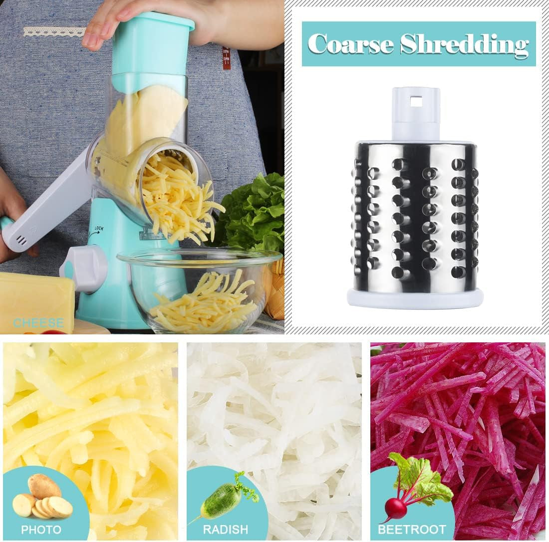 Rotary Cheese Grater Shredder, Speed Kitchen Manual round Mandolin Slicer Grinder for Potato Hash Brown, Vegetable, Walnut, Nut, Carrot Garlic, Chocolate, Radish with 3 Drum Blades, Blue