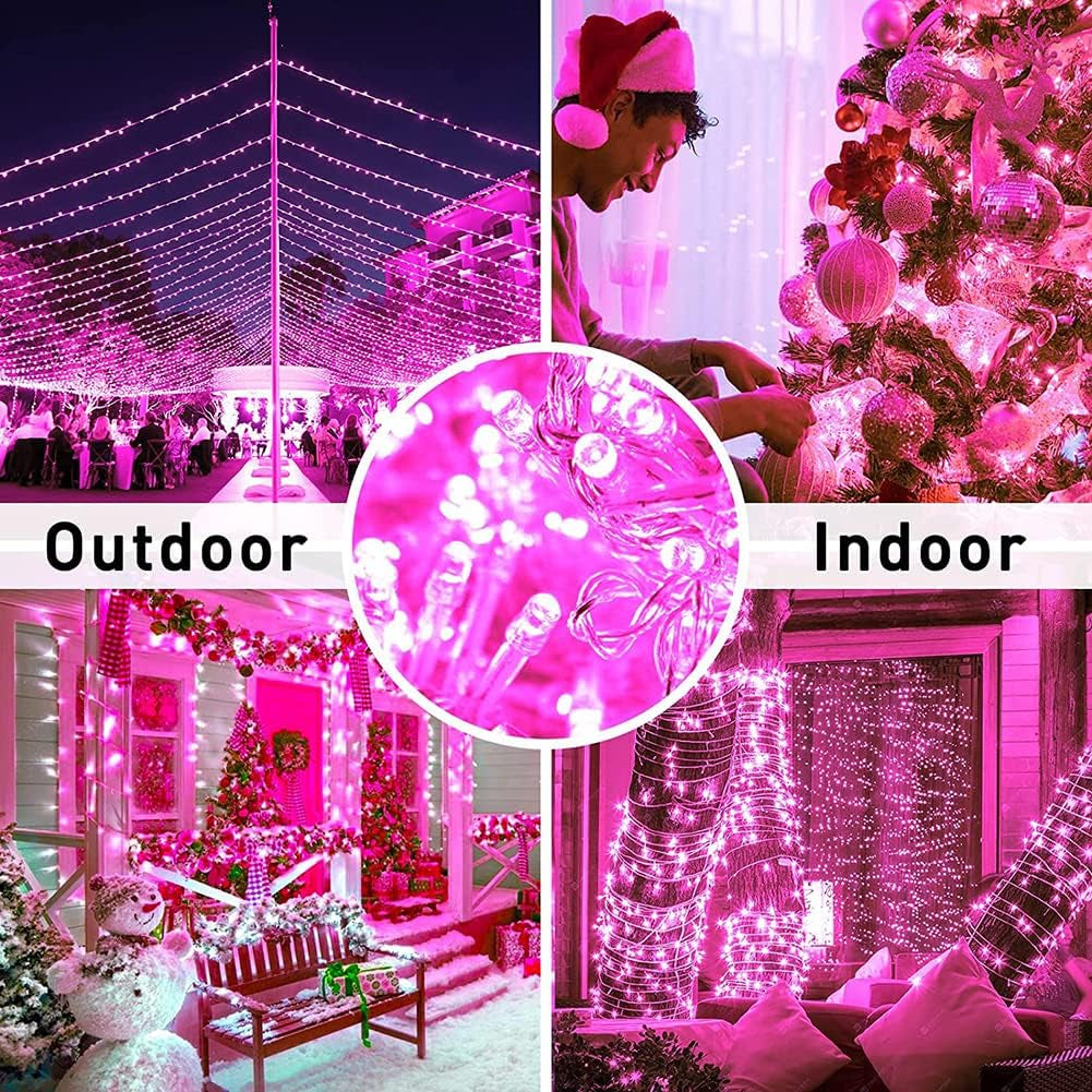 Christmas String Lights,  33Ft 100 Leds with Controller Fairy Twinkle Lights Decoration for Chirstmas Tree,Garden,Multi Stings Connectable(Transparent Wire)(Pink)