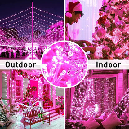Christmas String Lights,  33Ft 100 Leds with Controller Fairy Twinkle Lights Decoration for Chirstmas Tree,Garden,Multi Stings Connectable(Transparent Wire)(Pink)