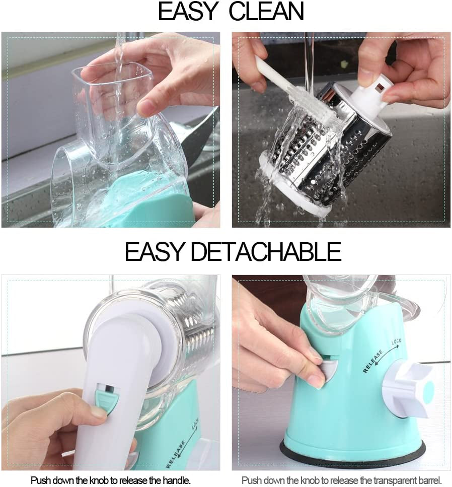 Rotary Cheese Grater Shredder, Speed Kitchen Manual round Mandolin Slicer Grinder for Potato Hash Brown, Vegetable, Walnut, Nut, Carrot Garlic, Chocolate, Radish with 3 Drum Blades, Blue