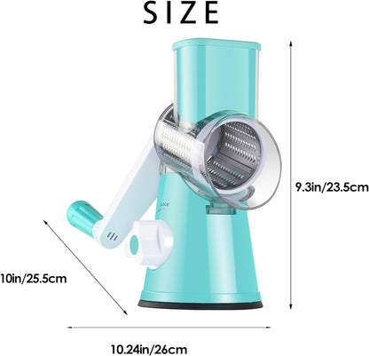 Rotary Cheese Grater Shredder, Speed Kitchen Manual round Mandolin Slicer Grinder for Potato Hash Brown, Vegetable, Walnut, Nut, Carrot Garlic, Chocolate, Radish with 3 Drum Blades, Blue