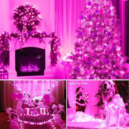 Christmas String Lights,  33Ft 100 Leds with Controller Fairy Twinkle Lights Decoration for Chirstmas Tree,Garden,Multi Stings Connectable(Transparent Wire)(Pink)
