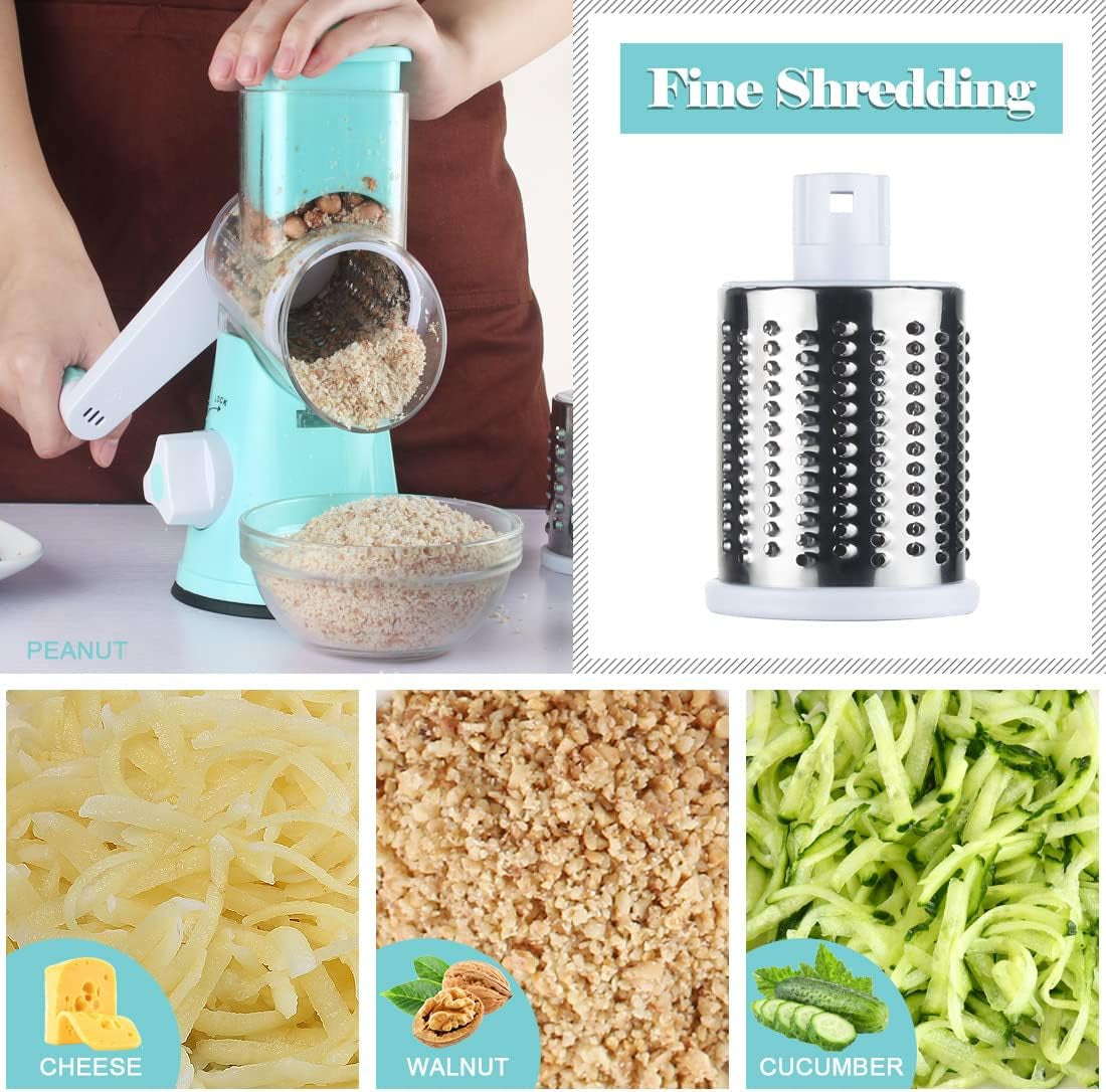 Rotary Cheese Grater Shredder, Speed Kitchen Manual round Mandolin Slicer Grinder for Potato Hash Brown, Vegetable, Walnut, Nut, Carrot Garlic, Chocolate, Radish with 3 Drum Blades, Blue
